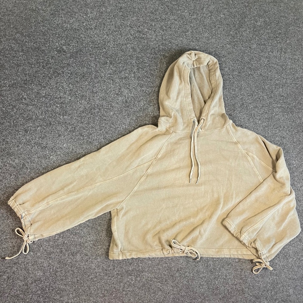 Splendid Womens Cozy Cropped Hoodie Beige Green Cotton Drawstring Pullover Sz‎ S